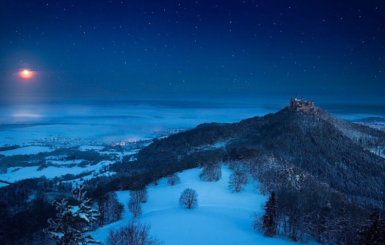 1332x850 Wallpaper winter, night, castle, the moon, stars, Winter