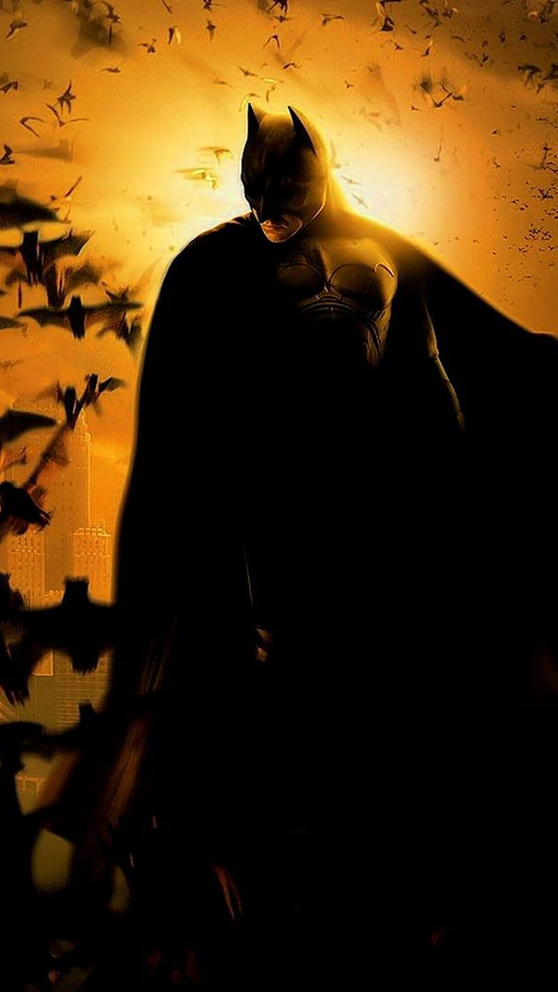 800x1422 Batman, bat, black, city, entertainment, light, man, movie, orange, sun, HD phone wallpaper