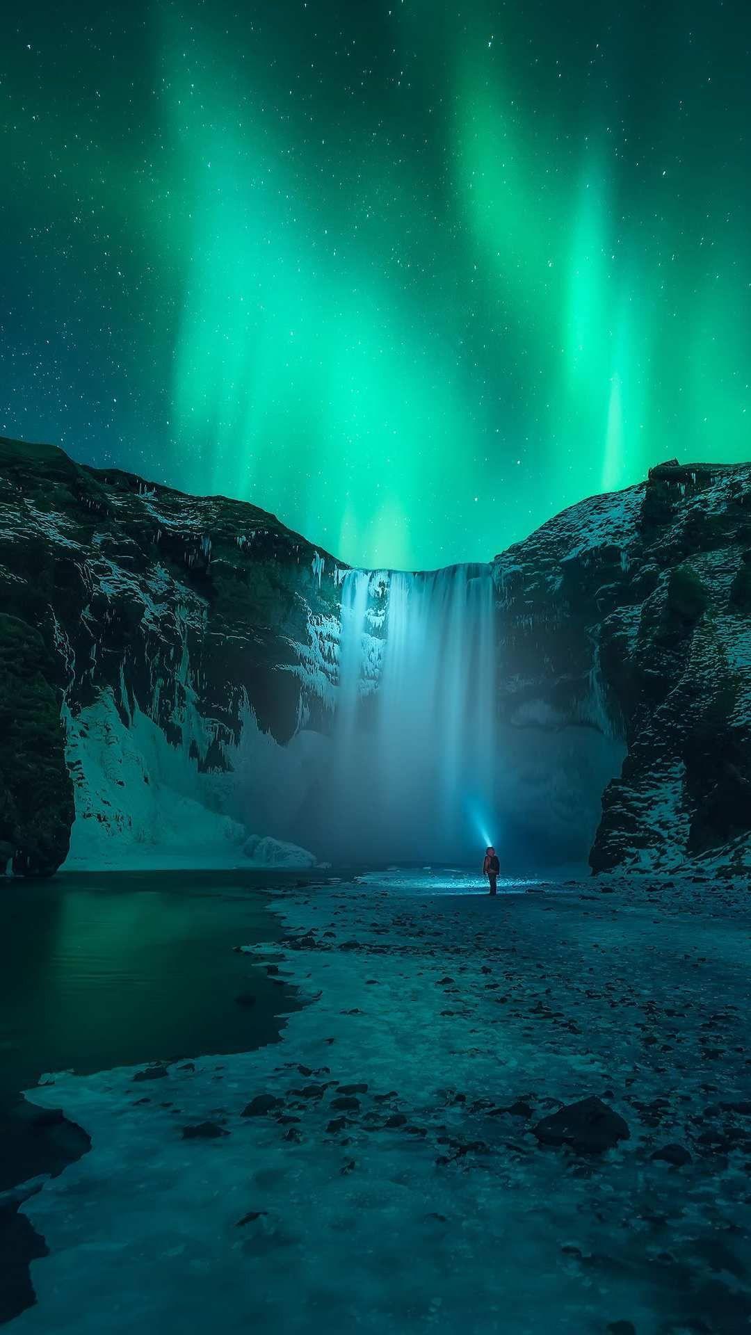 1080x1920 Iceland Waterfall Aurora in Sky iPhone Wallpaper. Northern lights photography, iPhone wallpaper sky, Northern lights wallpaper