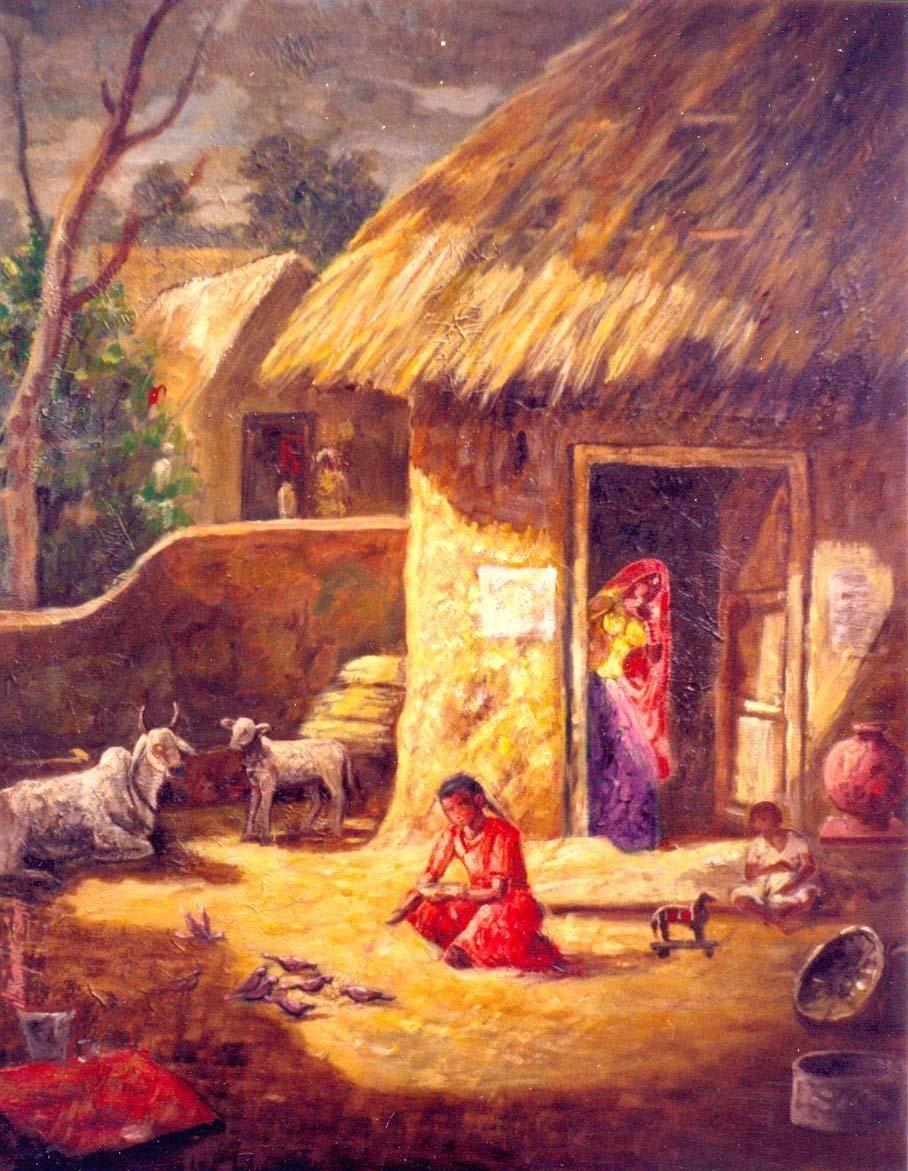 908x1171 Cuộc sống làng mạc Ấn Độ bức tranh  Làng