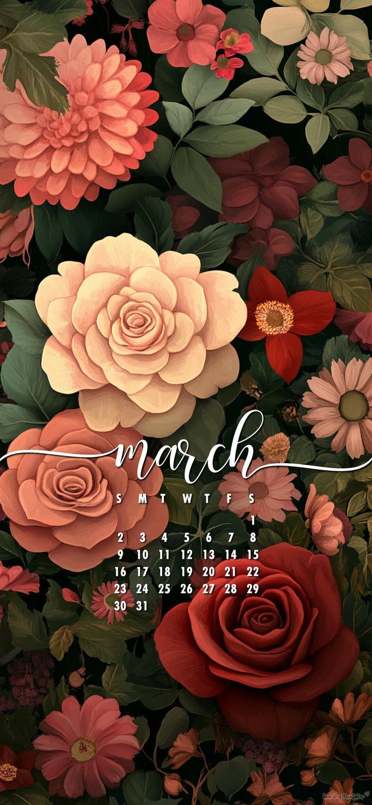 736x1592 March 2025 Floral Calendar Wallpaper