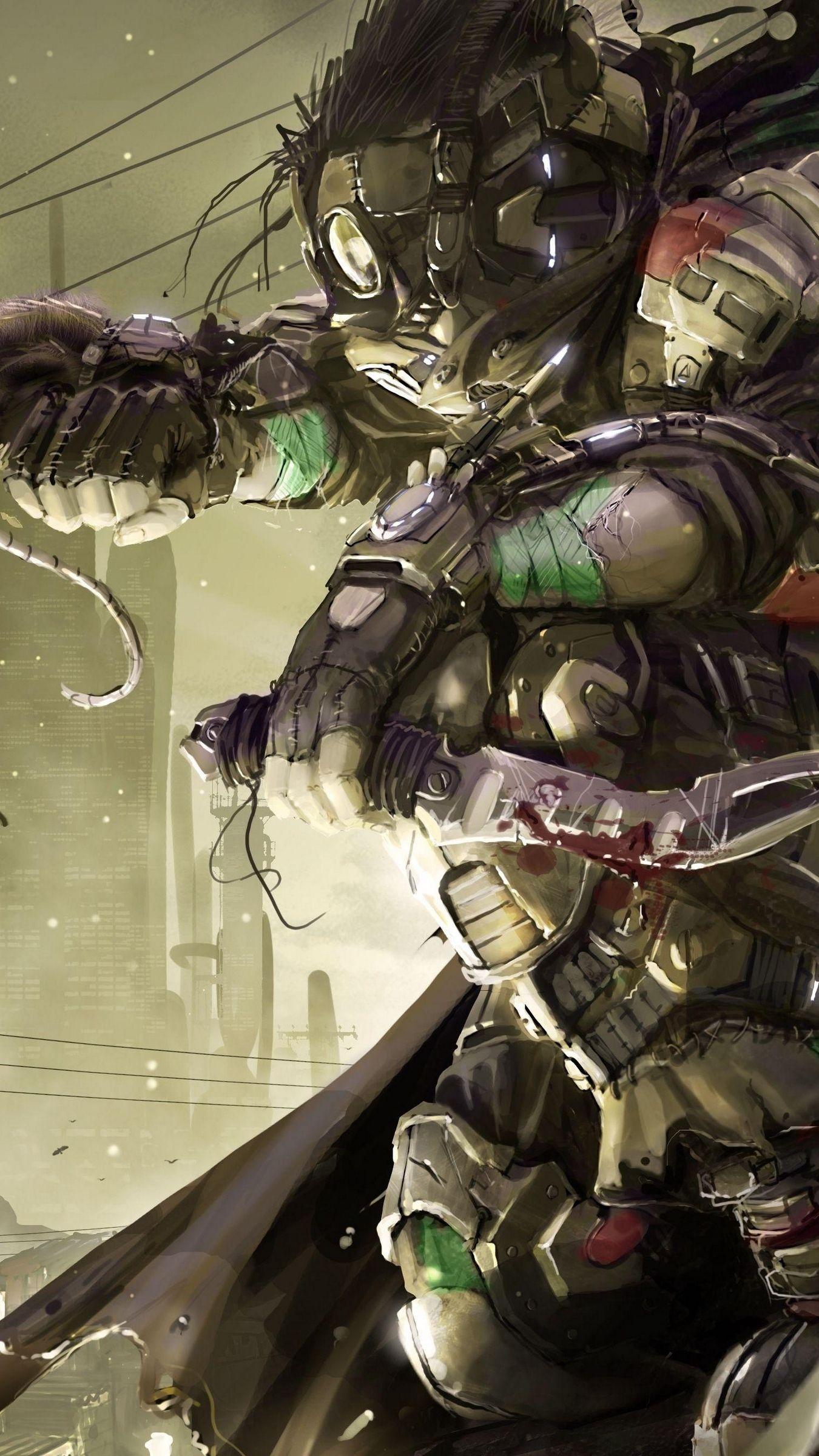 1350x2400 Download wallpaper 1350x2400 steampunk, robot, machine, gun