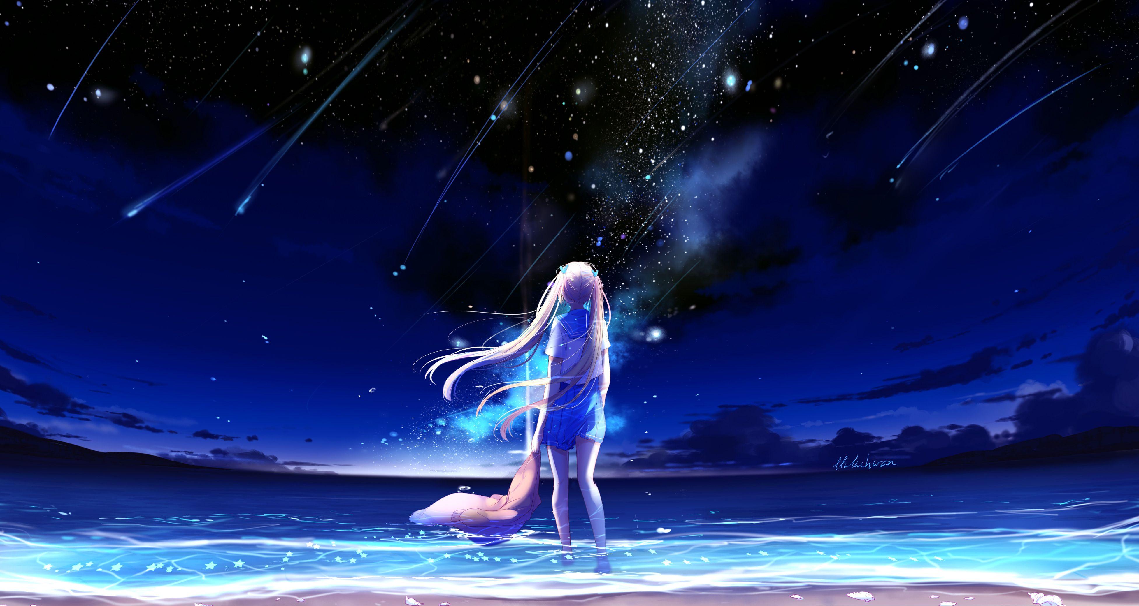 3907x2080 Animegirl Night Sea Stars Fantasy, HD Anime, 4k Wallpaper