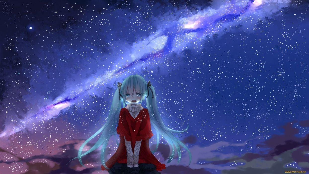 1244x700 Cry anime girl cute long blue hair beautiful sky stars wallpaper