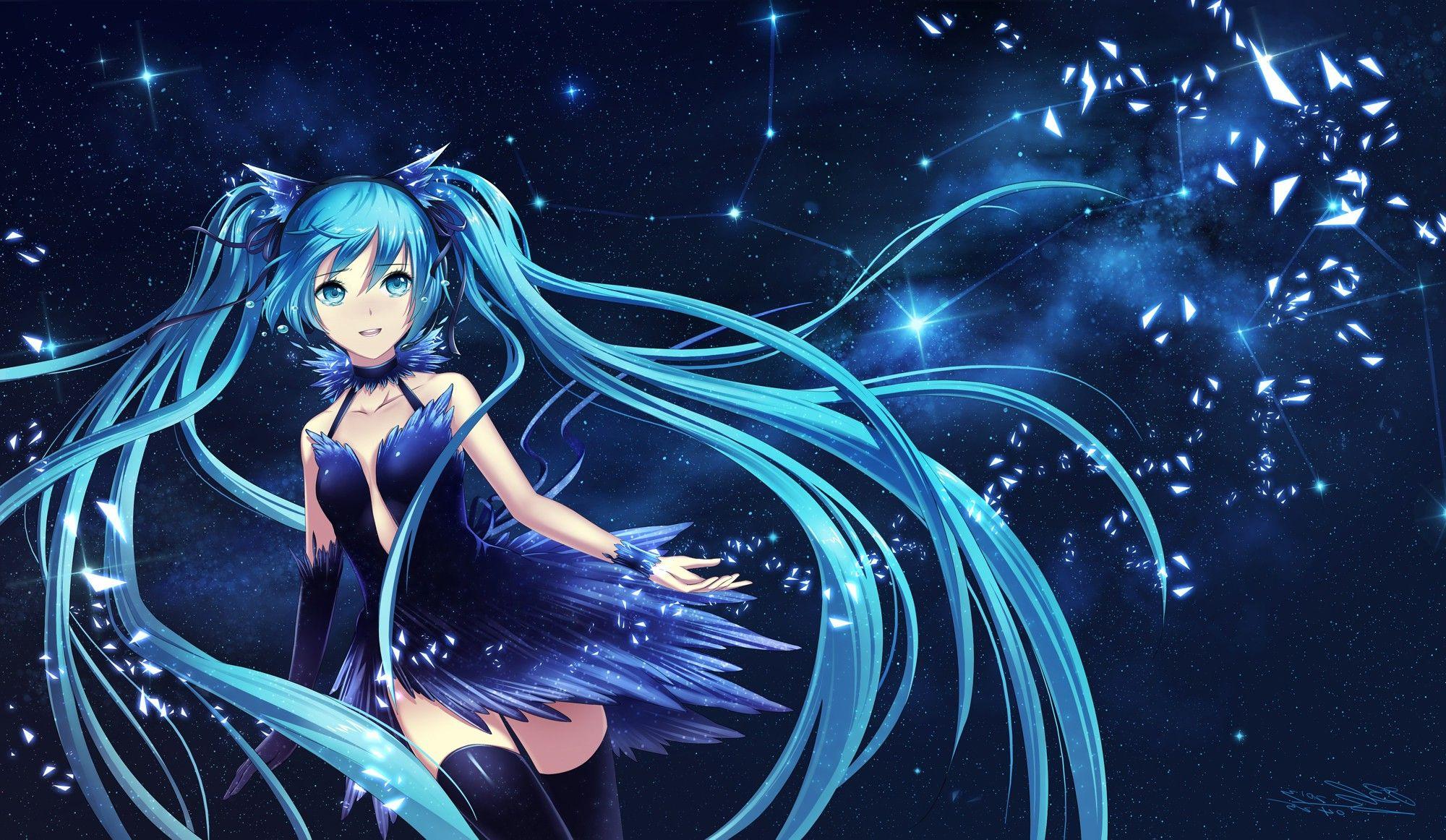 2000x1162 Vocaloid, Hatsune Miku, Blue Dress, Long Hair, Twintails
