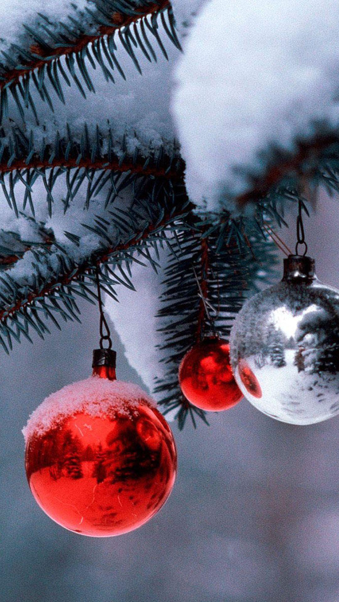 1080x1920 Red Christmas Balls Tree Snow Android Wallpaper free download