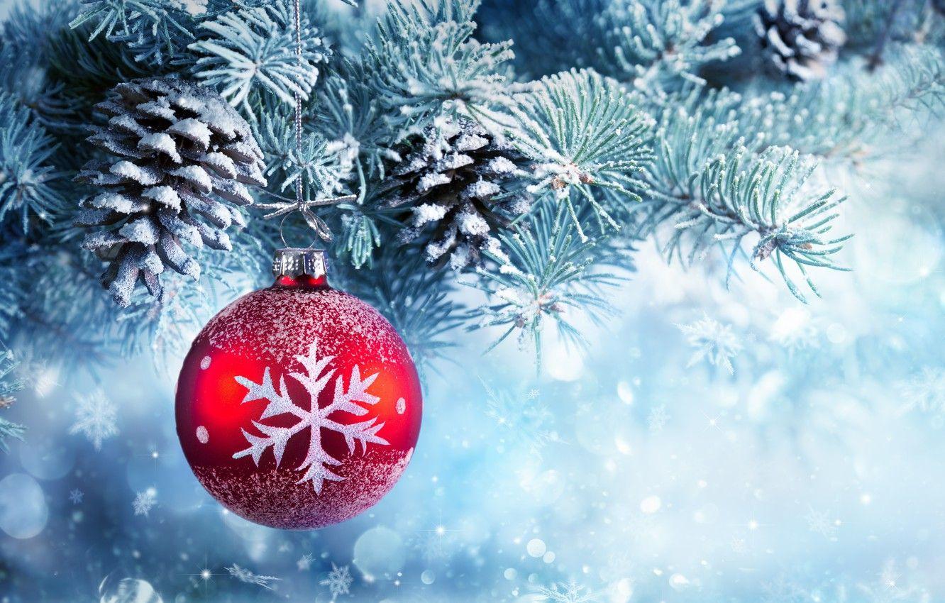 1332x850 Wallpaper snow, decoration, balls, tree, New Year, Christmas