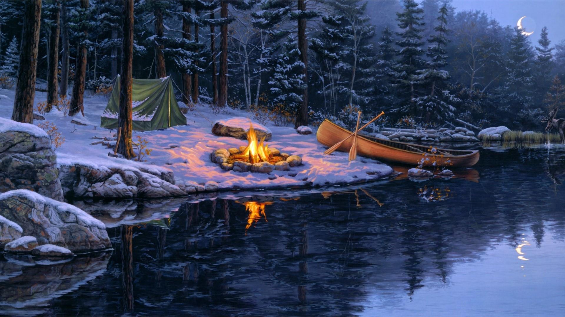 Hình nền nghệ thuật vẽ tranh lửa trại mùa đông 1920x1080.  Wallpaper Studio 10. Hàng chục