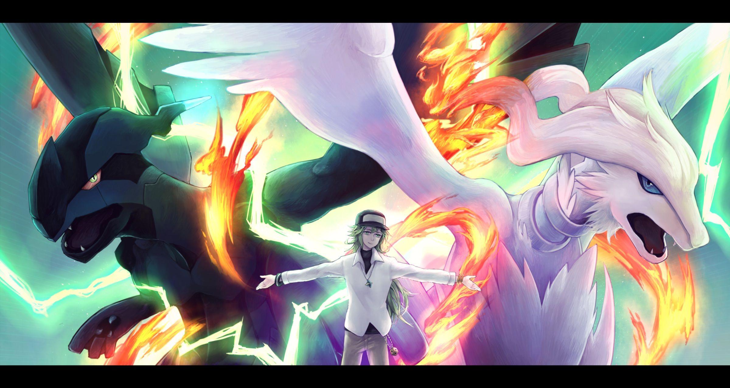 2400x1275 pokemon, Green, Hair, Hat, N, Pokemon, Rackety, Reshiram