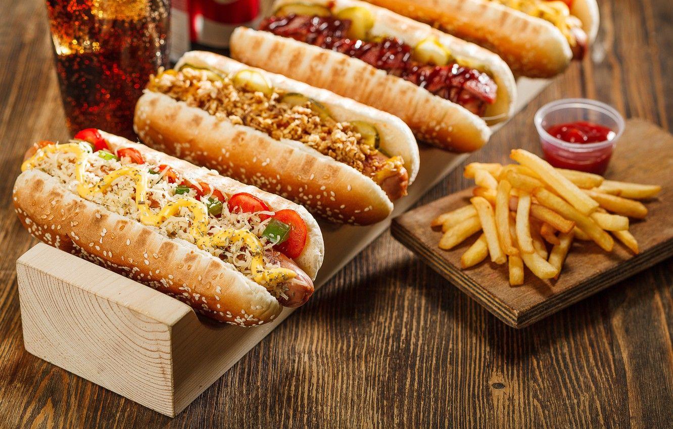 1332x850 Wallpaper cheese, ketchup, sausage, hot dog, French fries