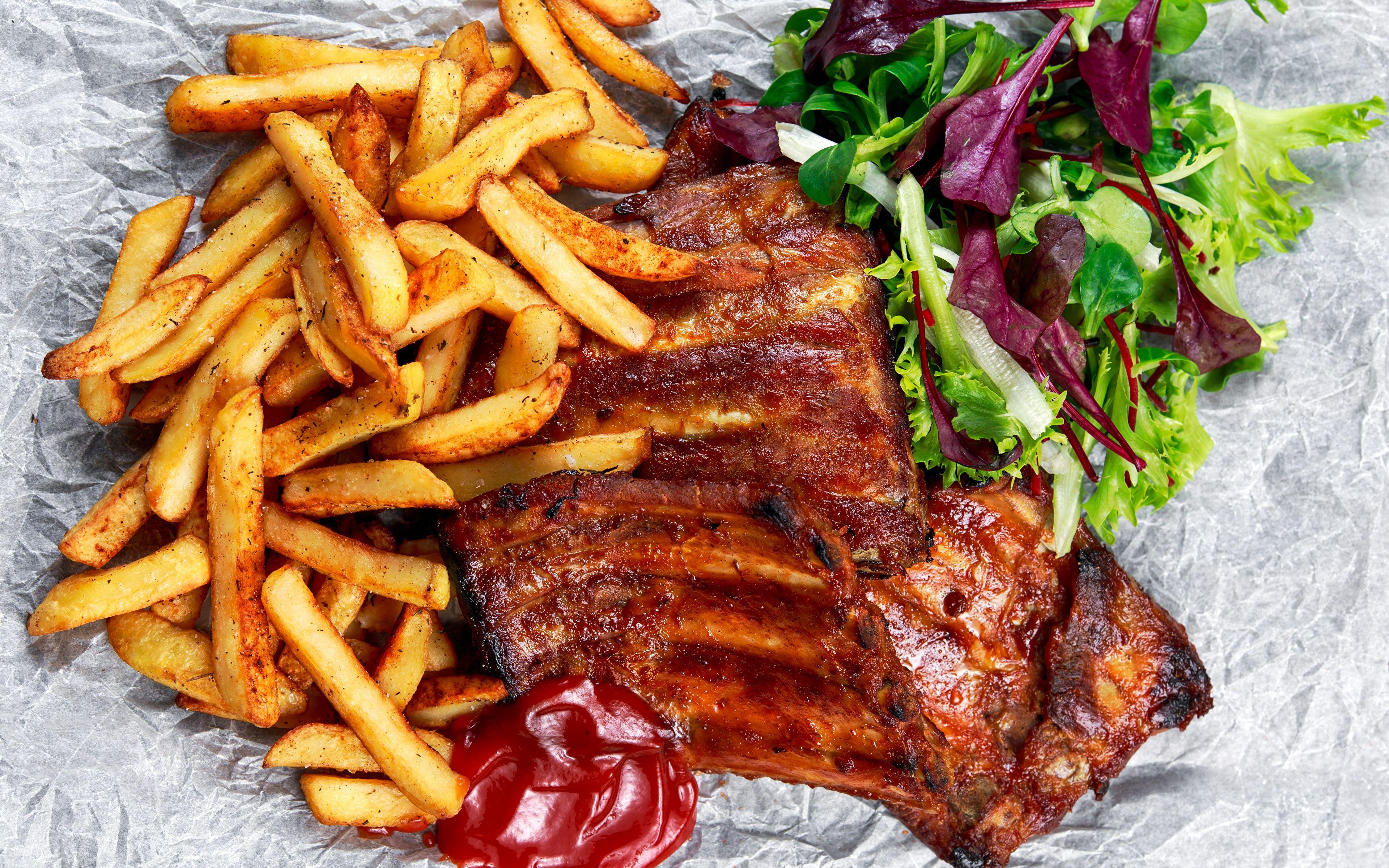 3840x2400 Wallpaper French fries Ketchup Food Vegetables Meat 3840x2400