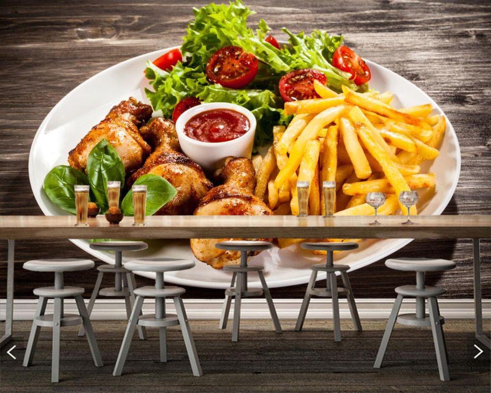 1000x800 US $15.9 47% OFF. Papel De Pared French Fries Roast Chicken Vegetables Food 3D Wallpaper, Living Room Fast Food Shop Restaurant Kitchen Bar Murals In