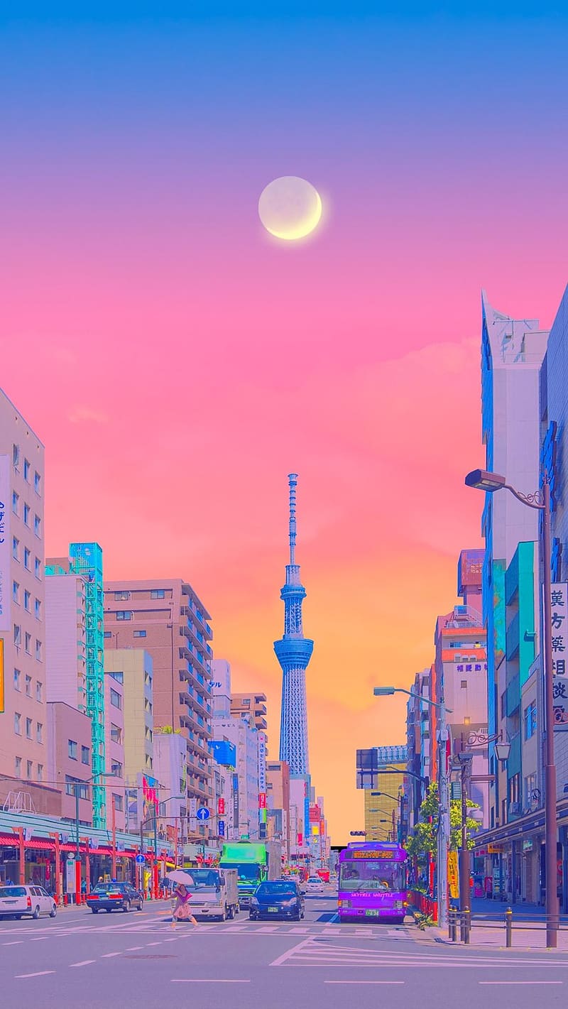 800x1421 Tokyo City, pink, moon, tokyo