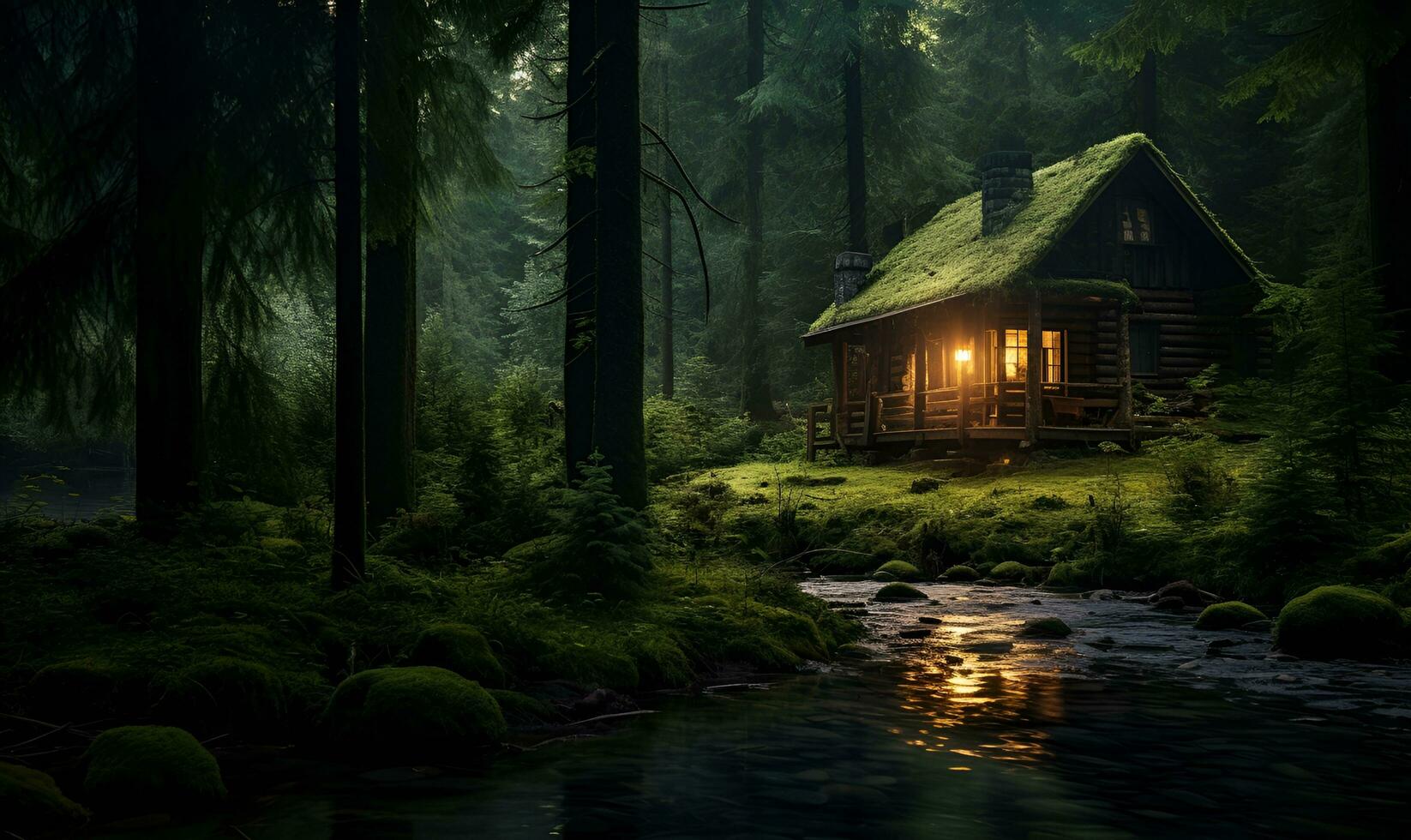 1646x980 lonely wooden house in the riverside forest, ai generative
