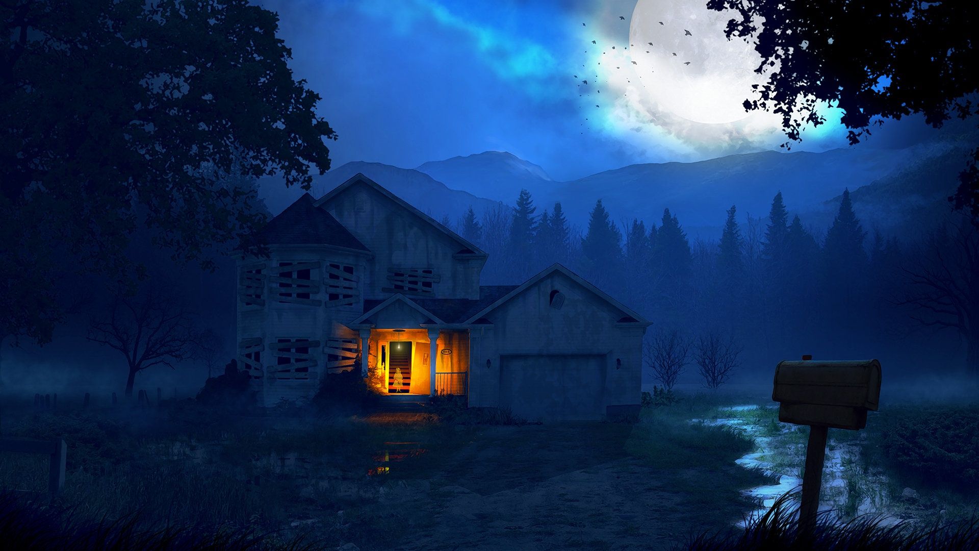 1920x1080 Wallpaper forest, mountains, night, home, The house and the ghost for mobile and desktop, section рендеринг, resolution 1920x1080