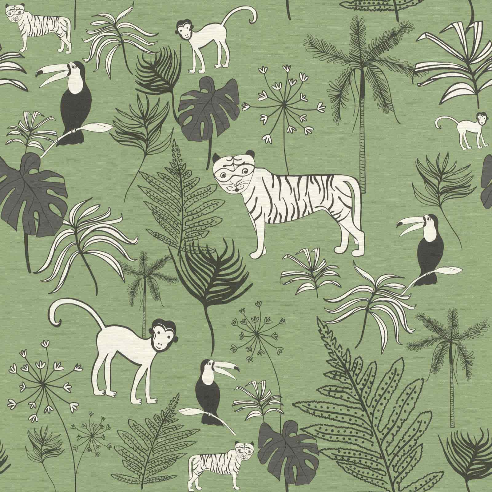1600x1600 Kids Wallpaper Rasch jungle animals dark green 531817