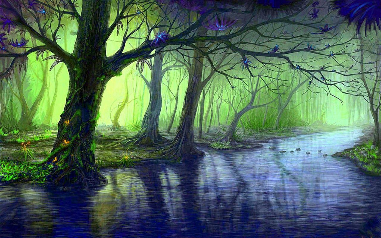 Hình nền 1280x800 Enchanted Forest & Blue Stream.  Rừng mê hoặc và màu xanh