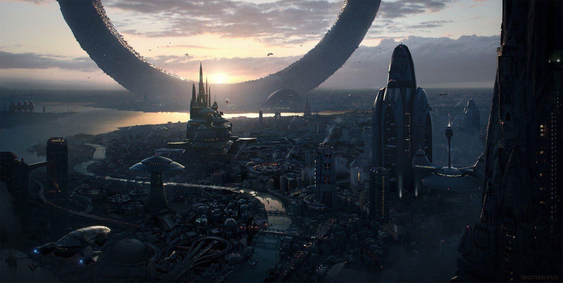 1920x966 science fiction future city sunrise wallpaper