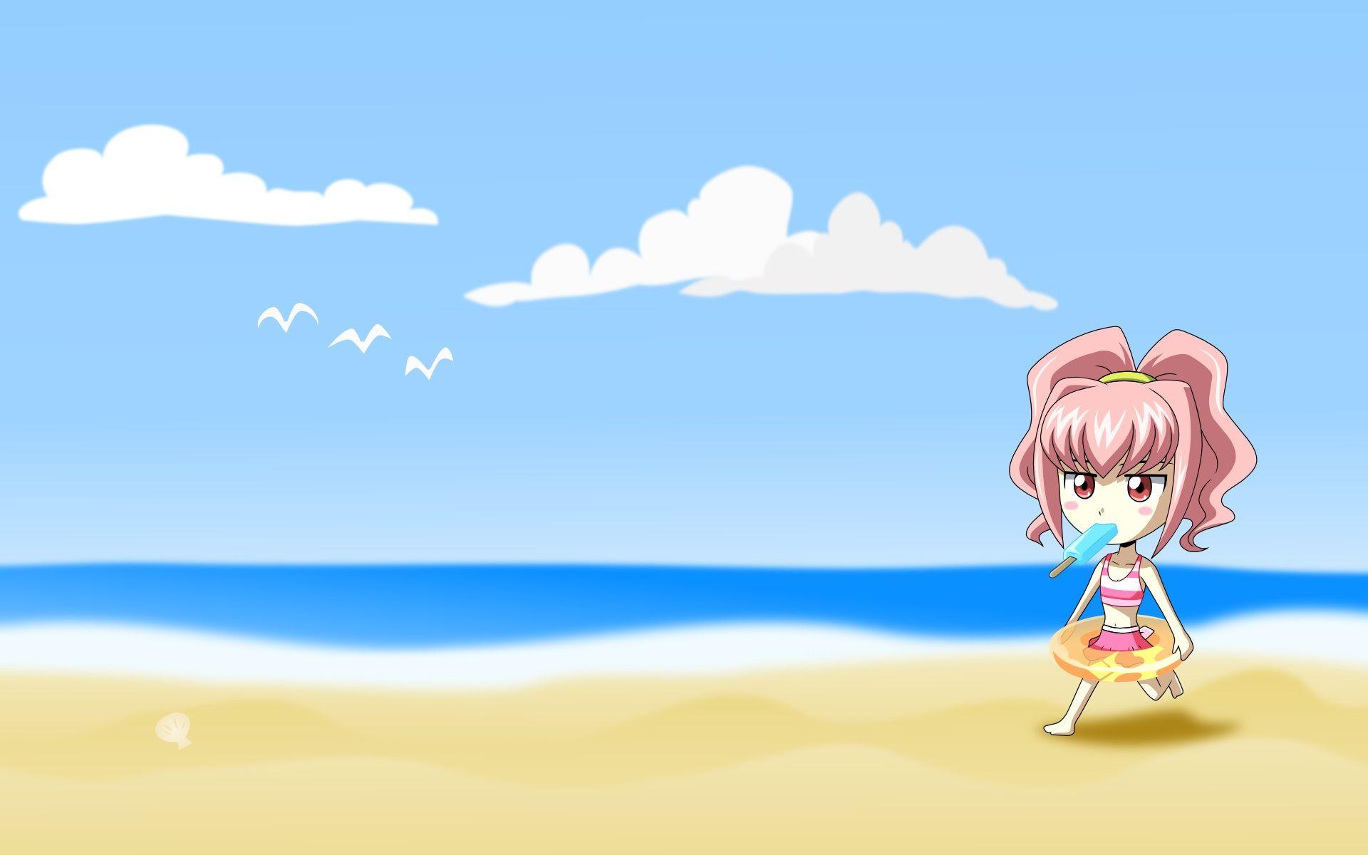 Hình ảnh hoạt hình cô gái trên bãi biển 1920x1200