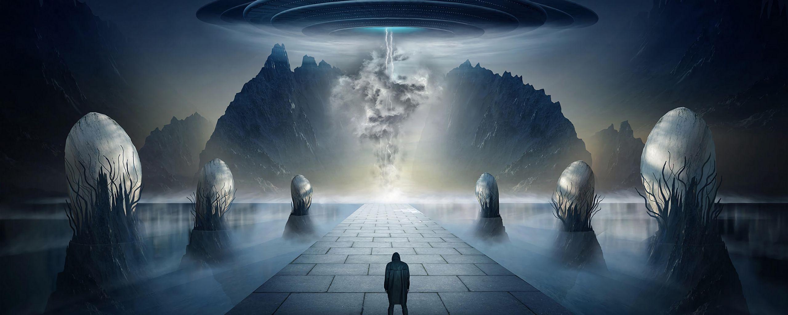 2560x1024 Download wallpaper 2560x1024 silhouette, ufo, art, lake