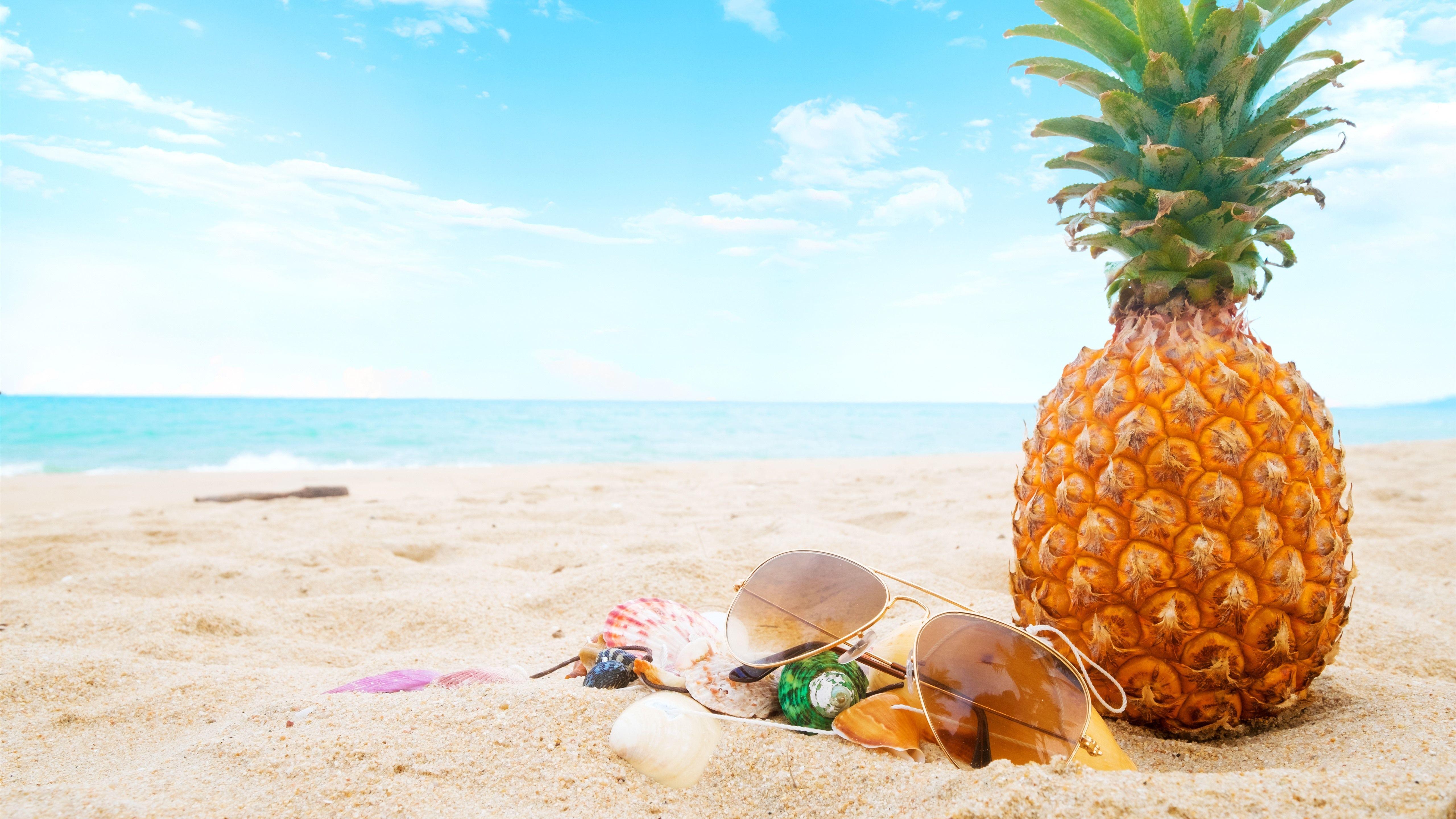5120x2880 Wallpaper Summer, beach, pineapple, sunglasses, shell