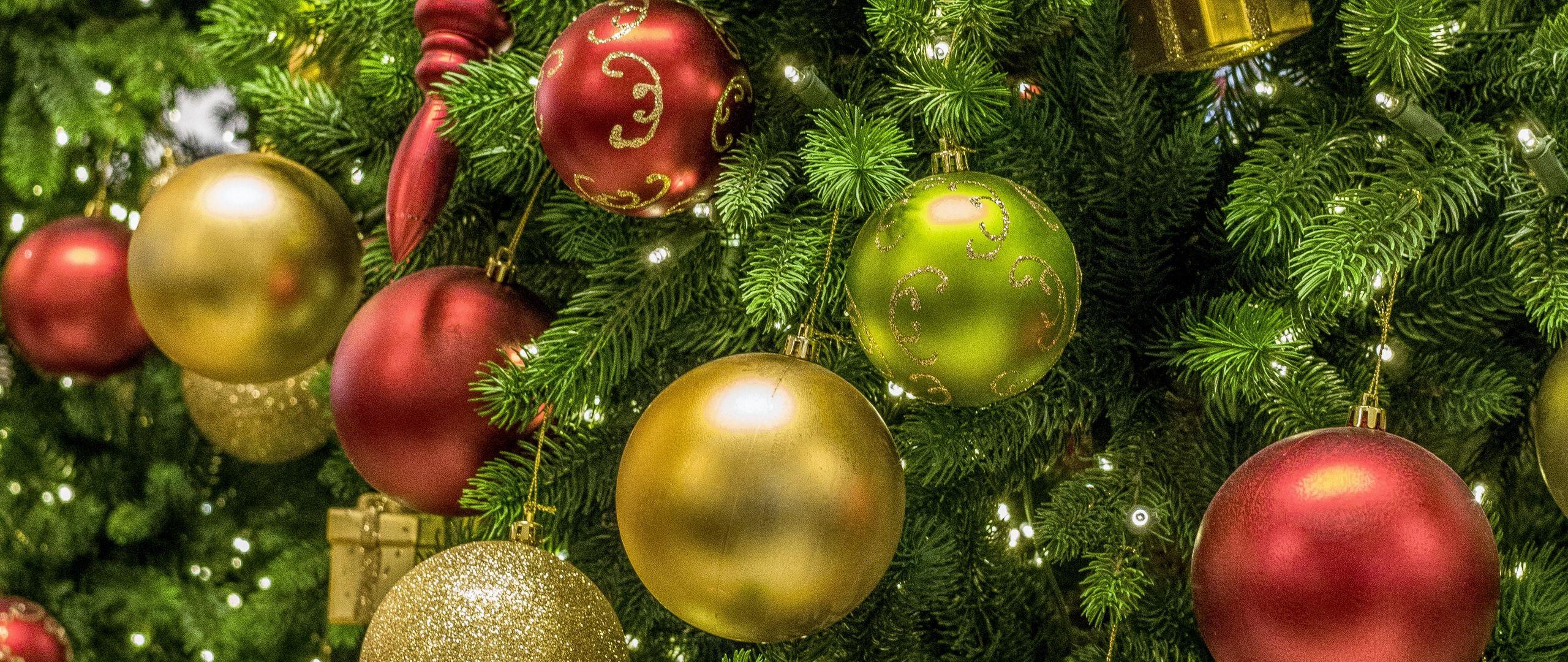 2560x1080 Download wallpaper 2560x1080 christmas tree, balls, new year