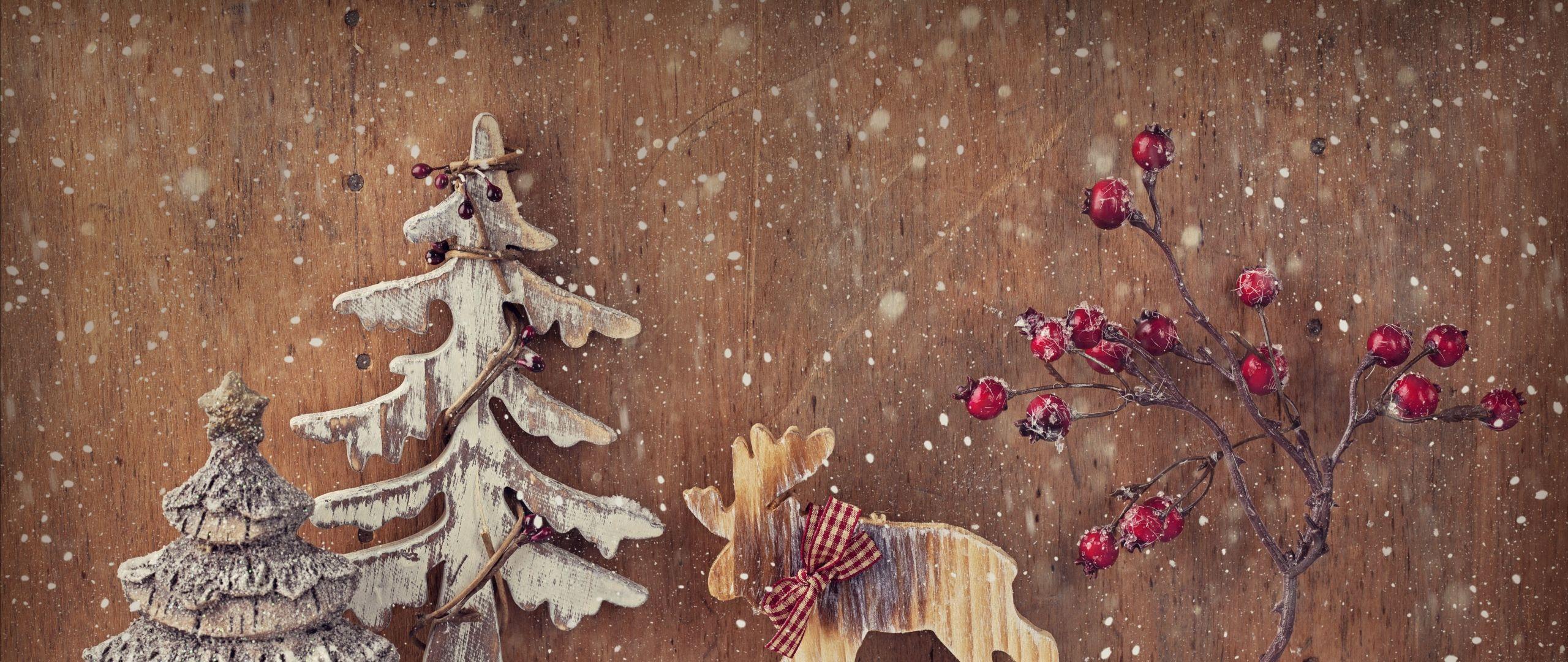 2560x1080 Download Christmas, New Year, Deer, Fir Tree, Elk