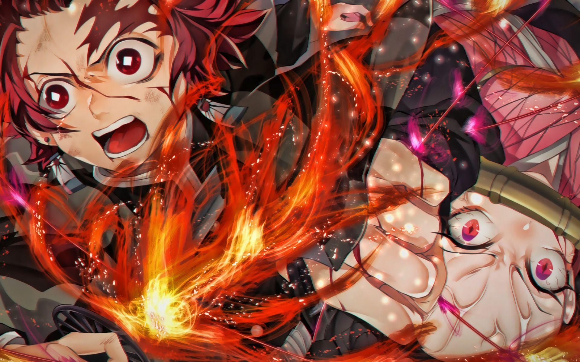 1920x1200 Download wallpaper Nezuko Kamado, Tanjirou Kamado, fire