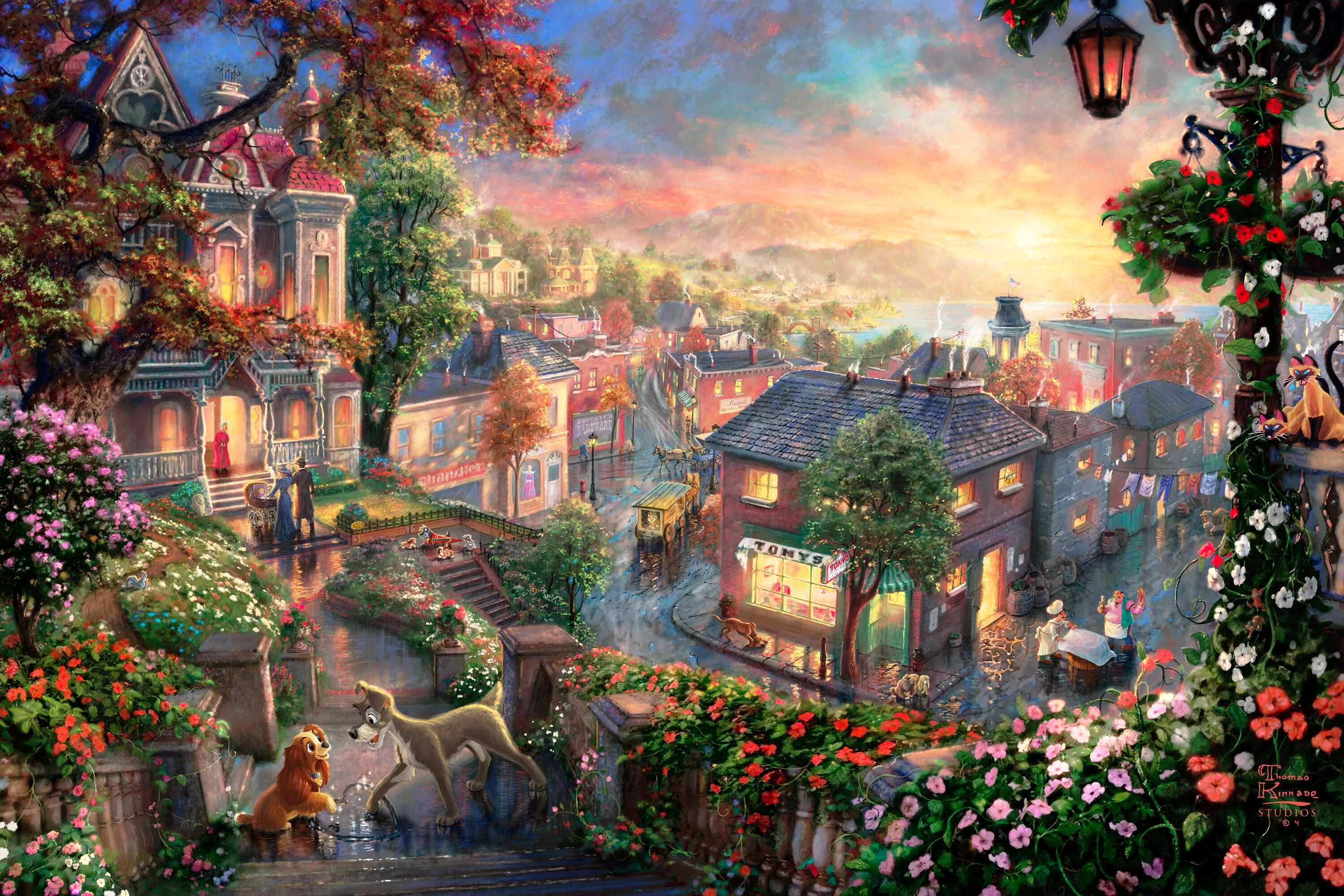 3000x2000 Lady and the Tramp, Thomas Kinkade, Thomas Kinkad Wallpaper