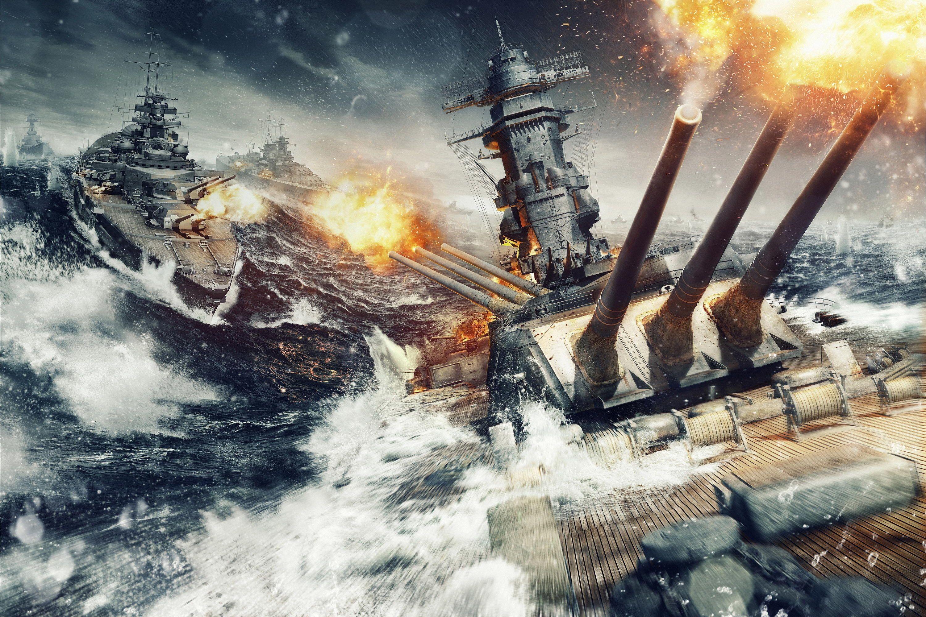 3000x2000 Wallpaper World of Warships, war, battle, Wargaming, Fire, Water