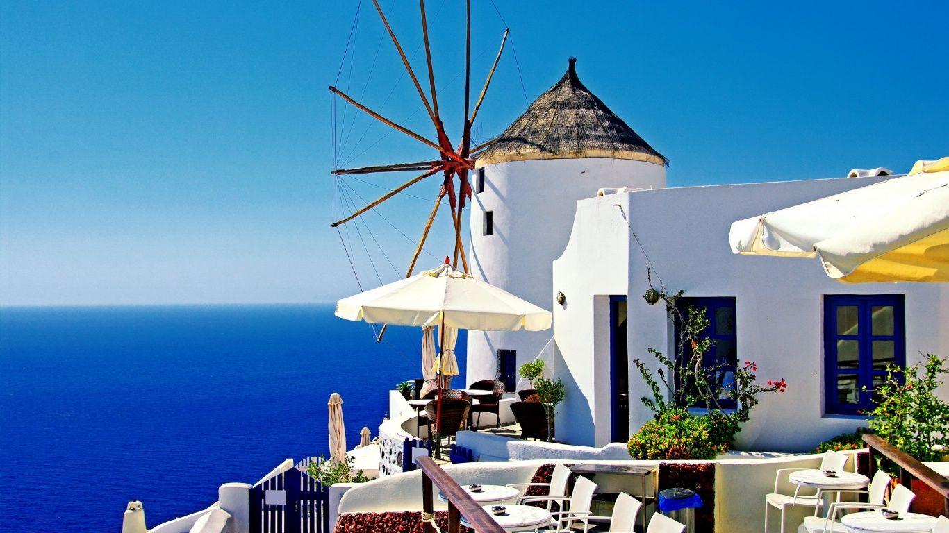 1366x768 Santorini Windmill Cafe ❤ 4K HD Desktop Wallpaper for 4K