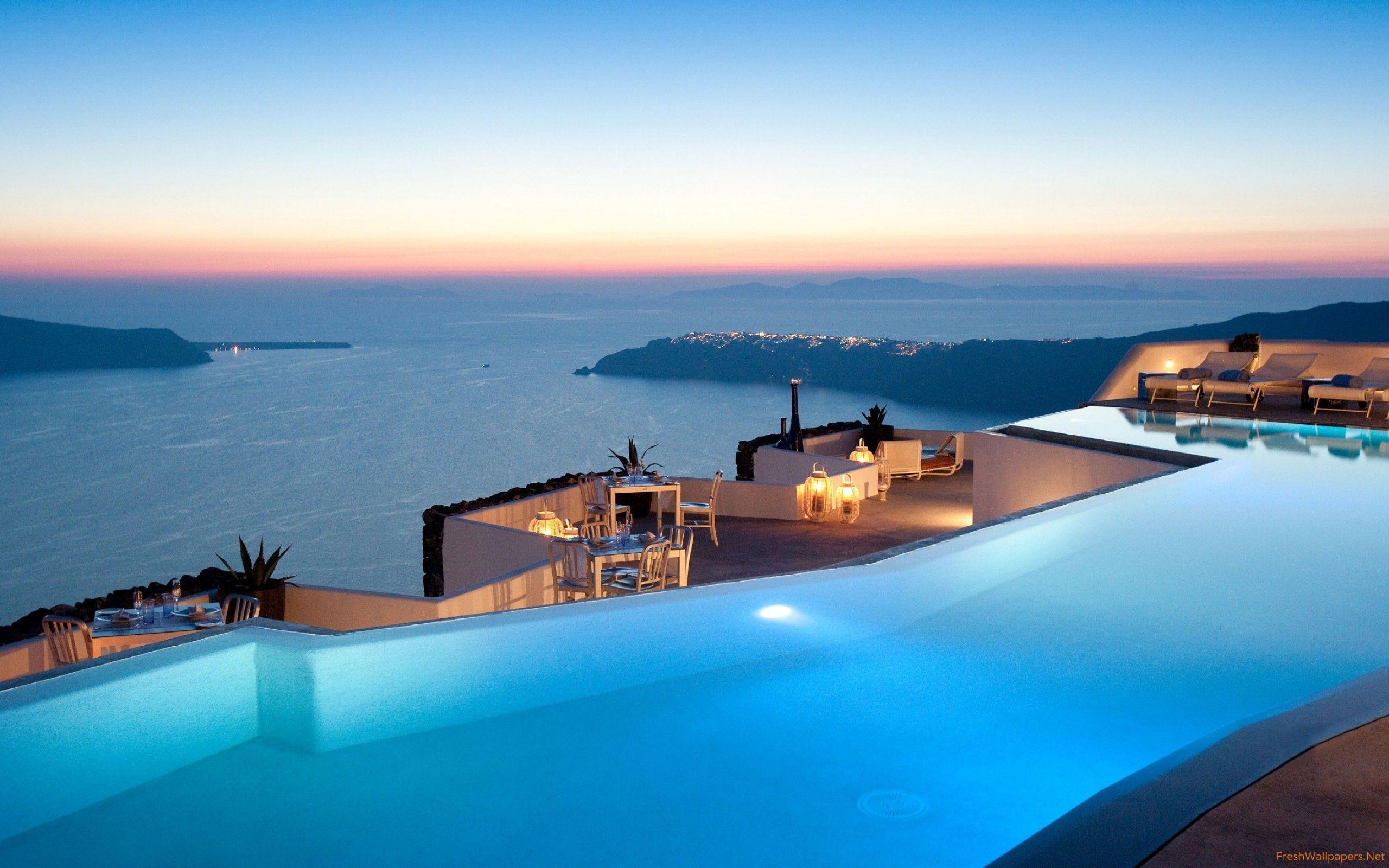 2560x1600 Swimming Pool, Santorini, Greece wallpaper