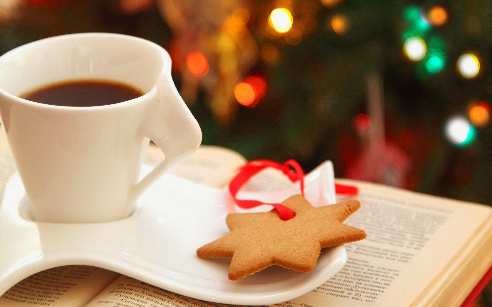 1680x1050 Cup Coffee Cookies Star Book Lights Bokeh Christmas