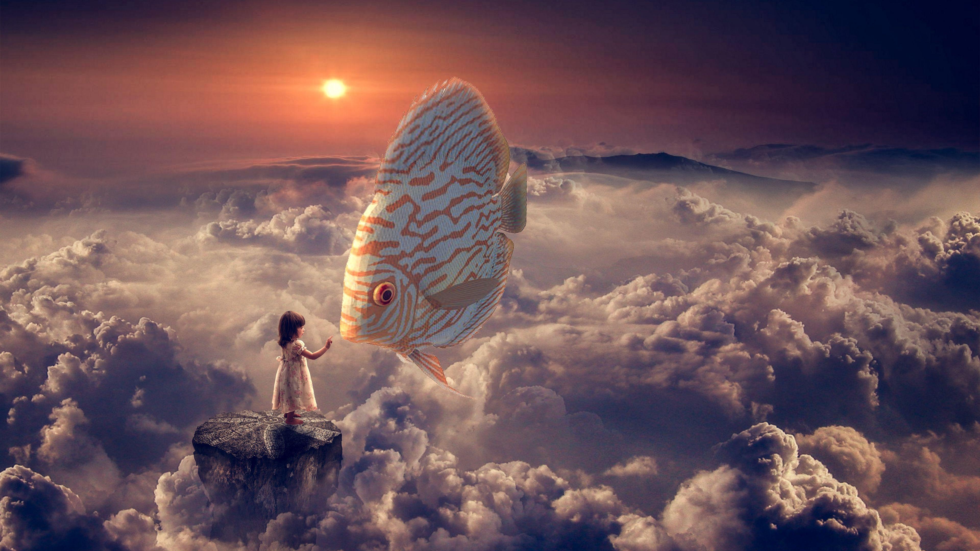 3840x2160 Download wallpaper 3840x2160 fantasy, girl, fish, clouds