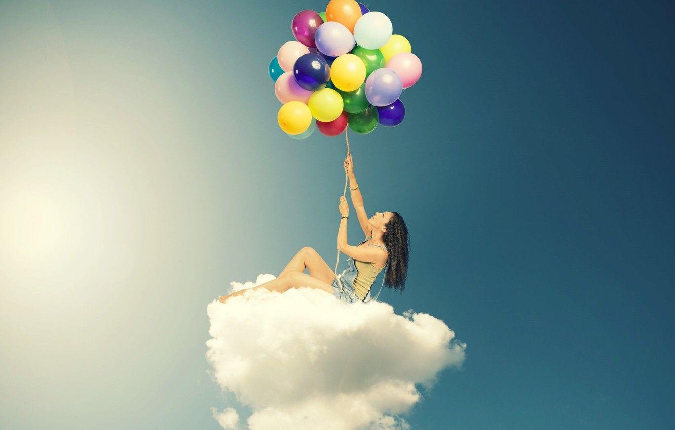 1332x850 Wallpaper the sky, girl, clouds, balls, balloons, background