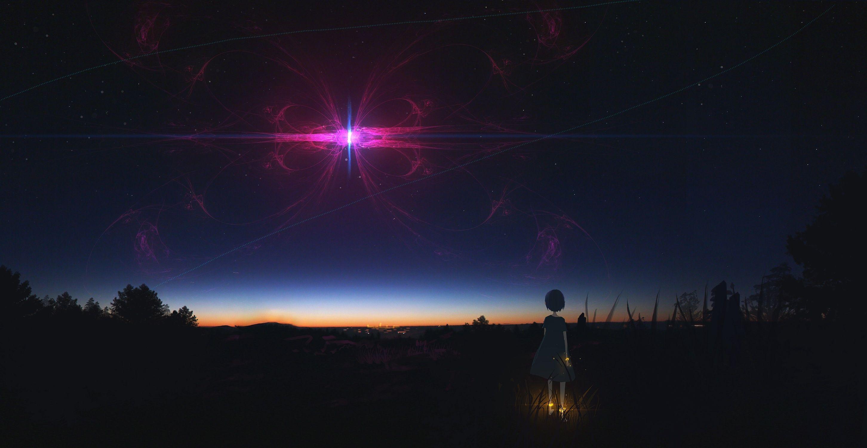 2904x1500 Anime Girl Staring At Night Sky Wallpaper, HD Anime 4K
