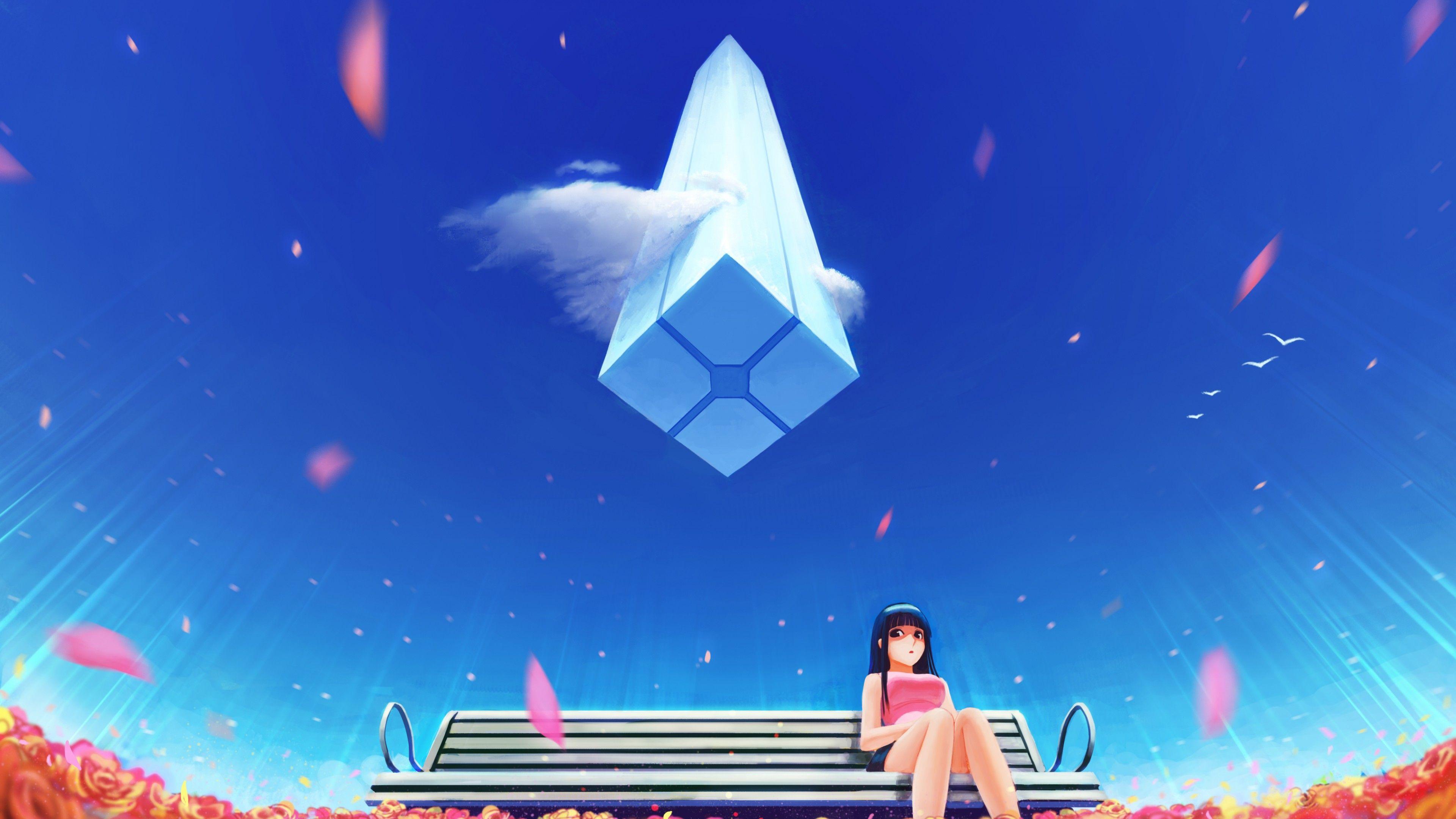 3840x2160 Girl Bench Alone Blue Sky Anime Wallpaper and Free