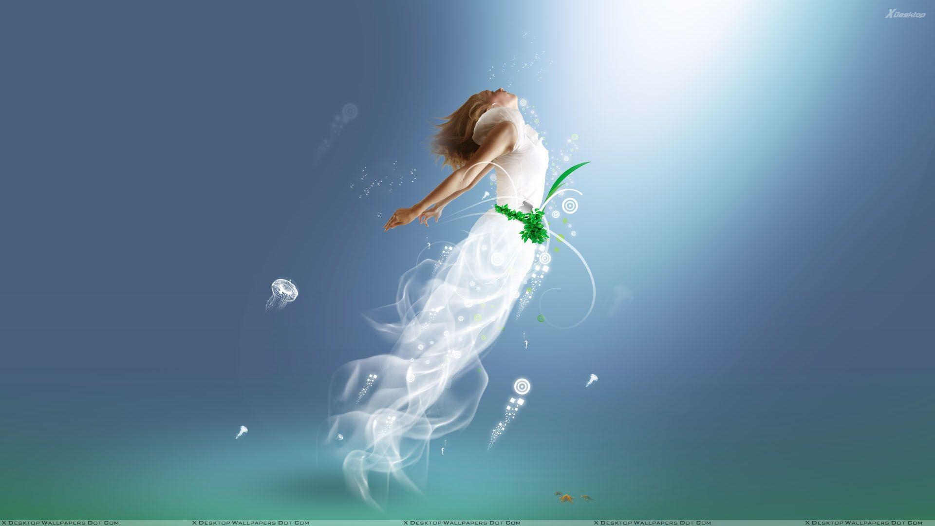 1920x1080 3D Girl In White Dress And Flying In Sky Wallpaper