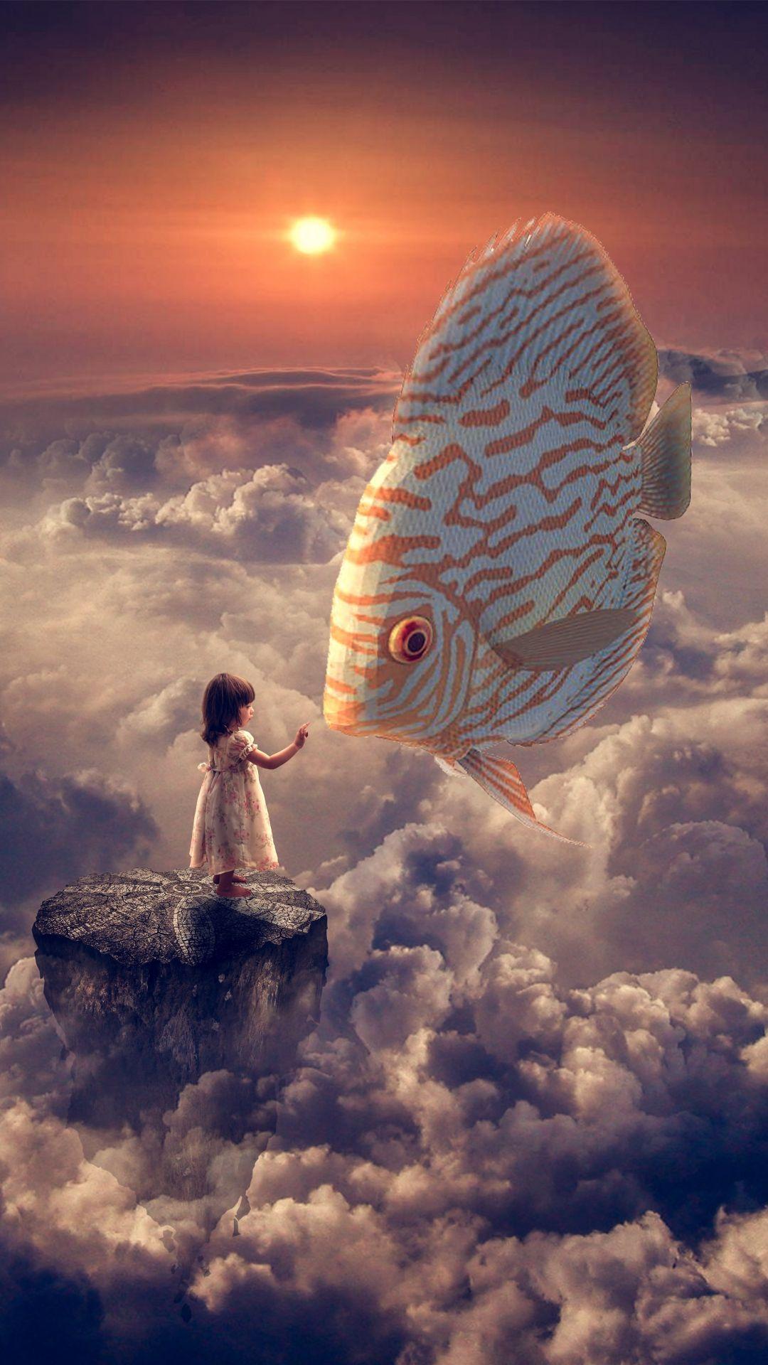 1080x1920 Fantasy Girl Fish Clouds Sky iPhone 8 Wallpaper Free Download