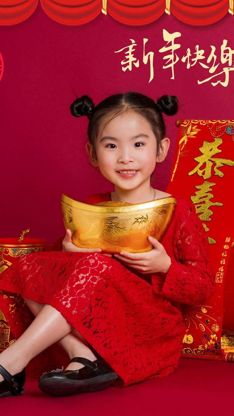 750x1334 Happy Chinese New Year, cute little girl, red style 750x1334