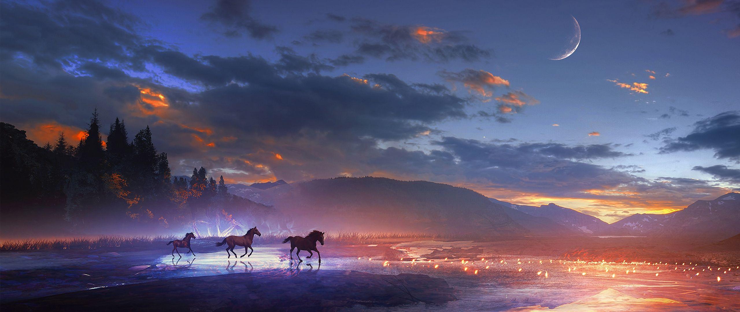 2560x1080 Download wallpaper 2560x1080 horses, art, night, shine dual
