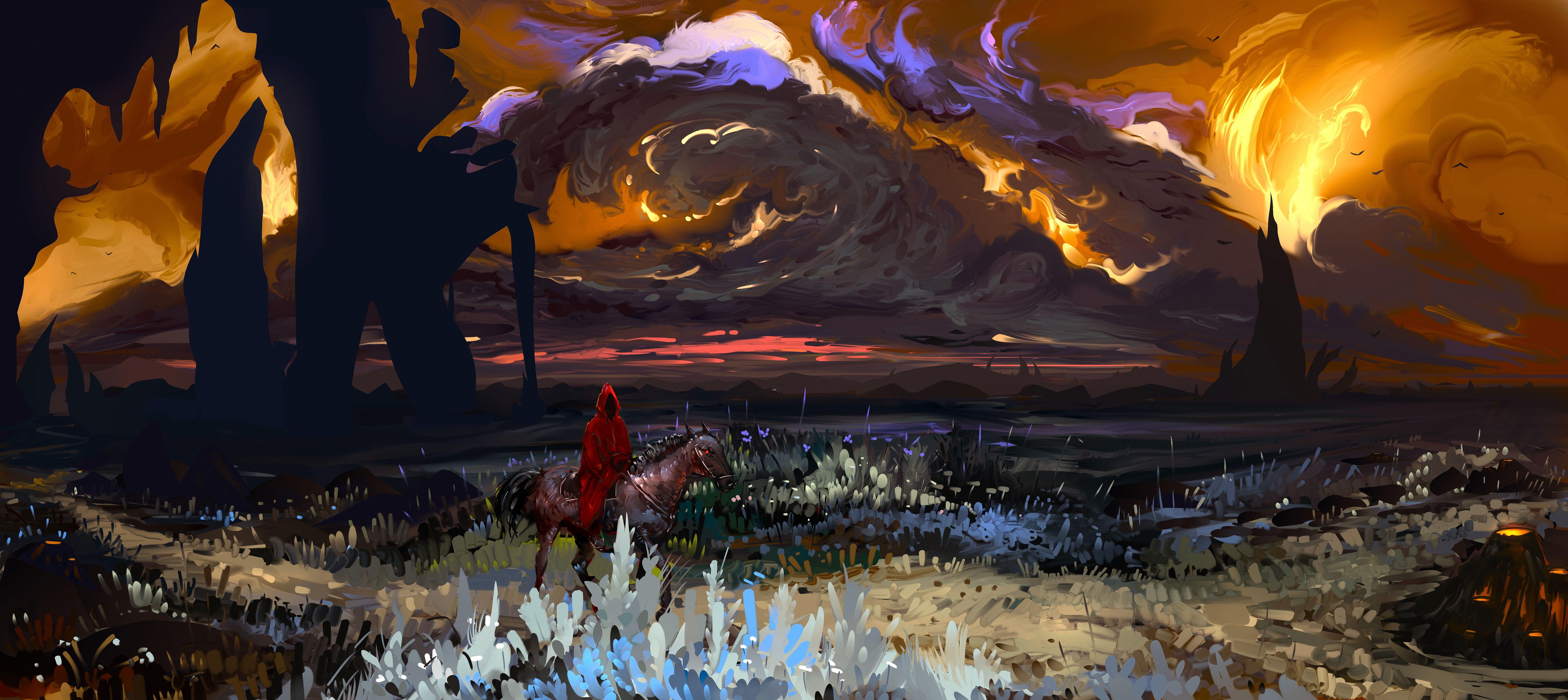 7840x3500 Download wallpaper 7840x3500 rider, horse, art, dark HD