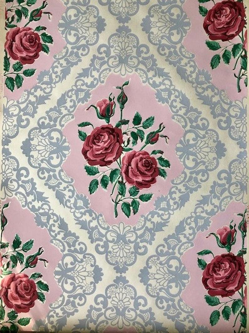 794x1063 Vintage Wallpaper roses Gray Lace 1940's