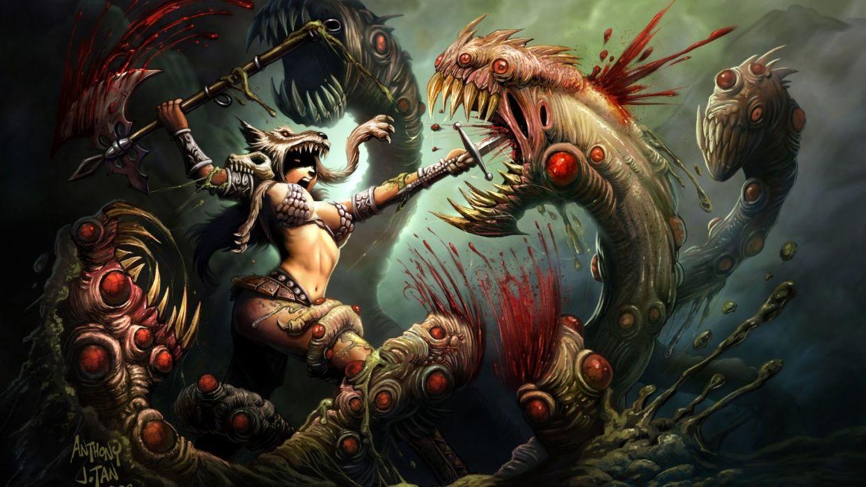 1244x700 Fantasy art battle women warriors blood gore monsters