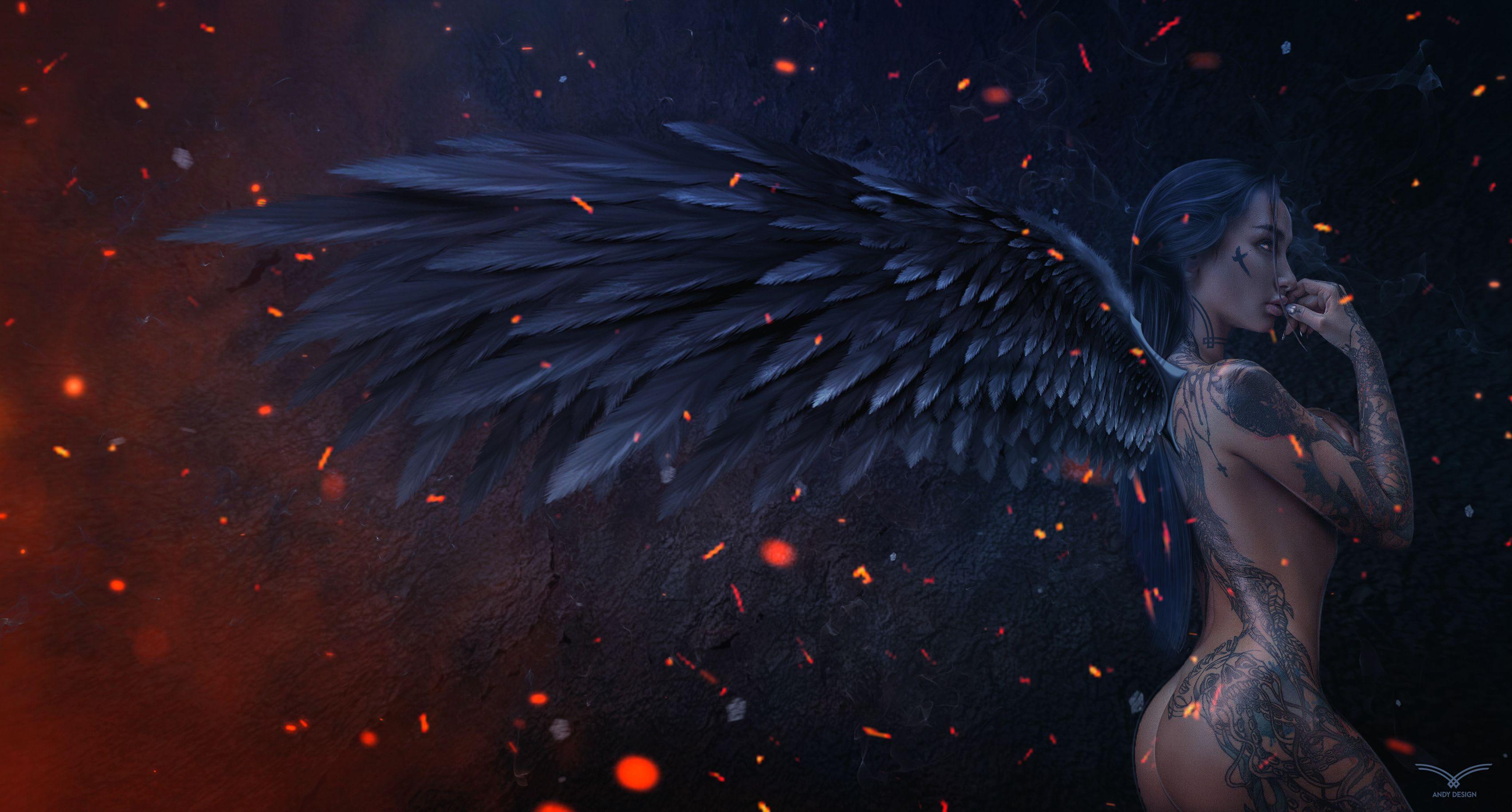 3408x1832 Wallpaper Dark angel, Darkness, Digital art, 4K, Creative