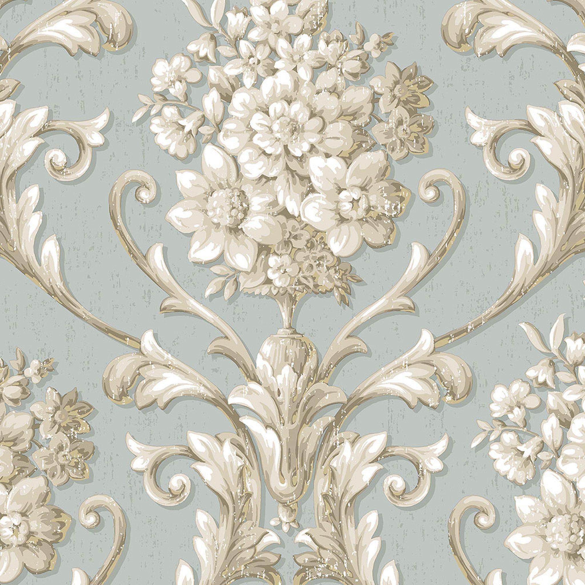 2048x2048 Duck Egg & Beige Damask Wallpaper