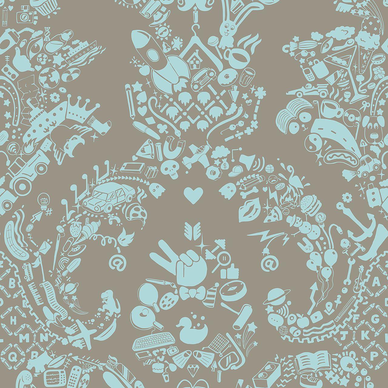 1280x1280 New World Damask Wallpaper- Grey & Blue