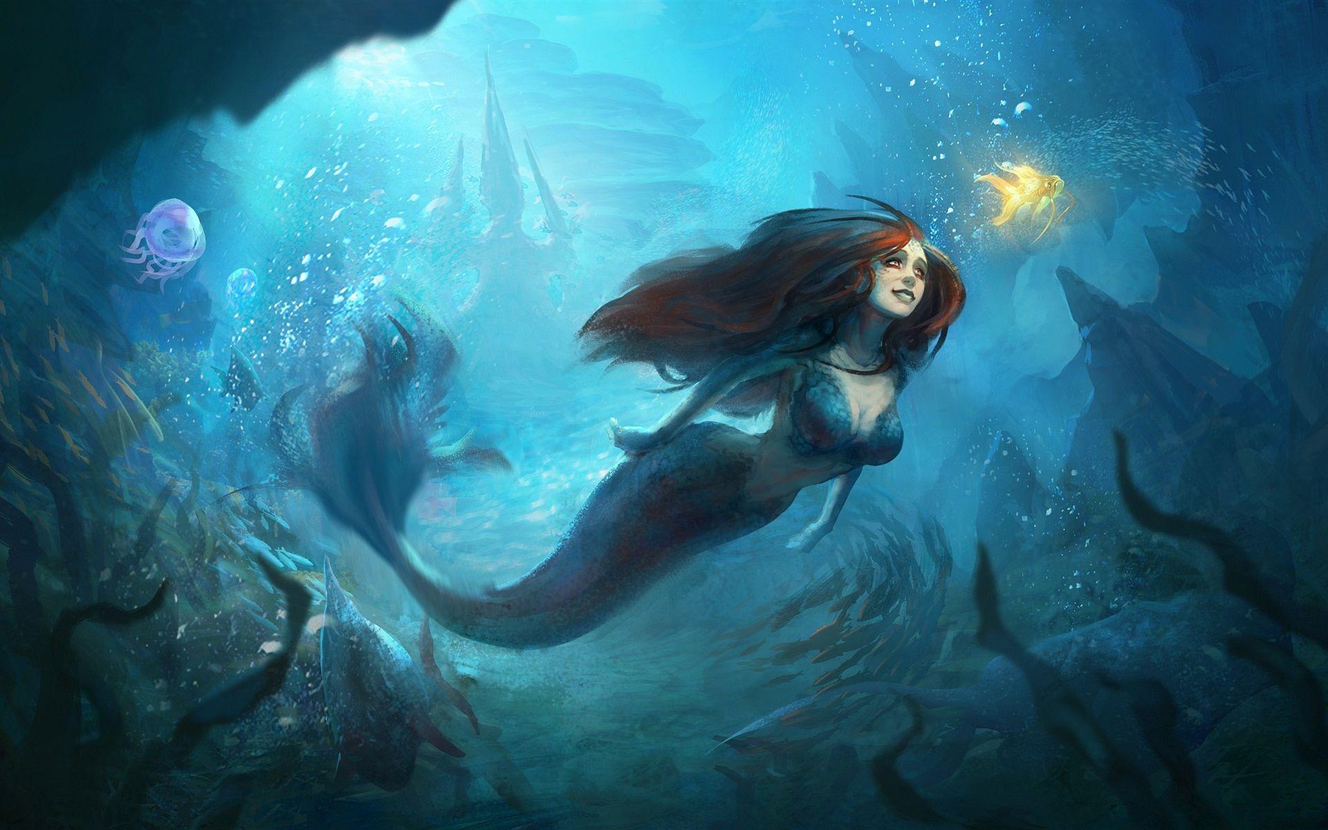 1920x1200 Wallpaper Beautiful mermaid, underwater, goldfish, art