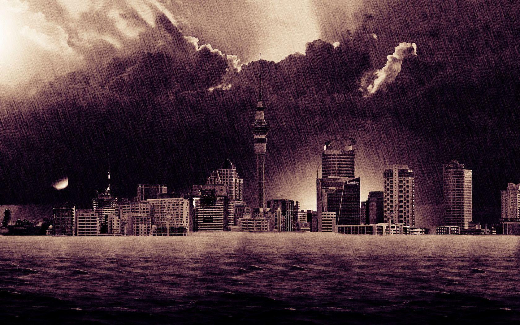 1680x1050 Wallpaper downpour, storm, wind, weather, city, rain desktop