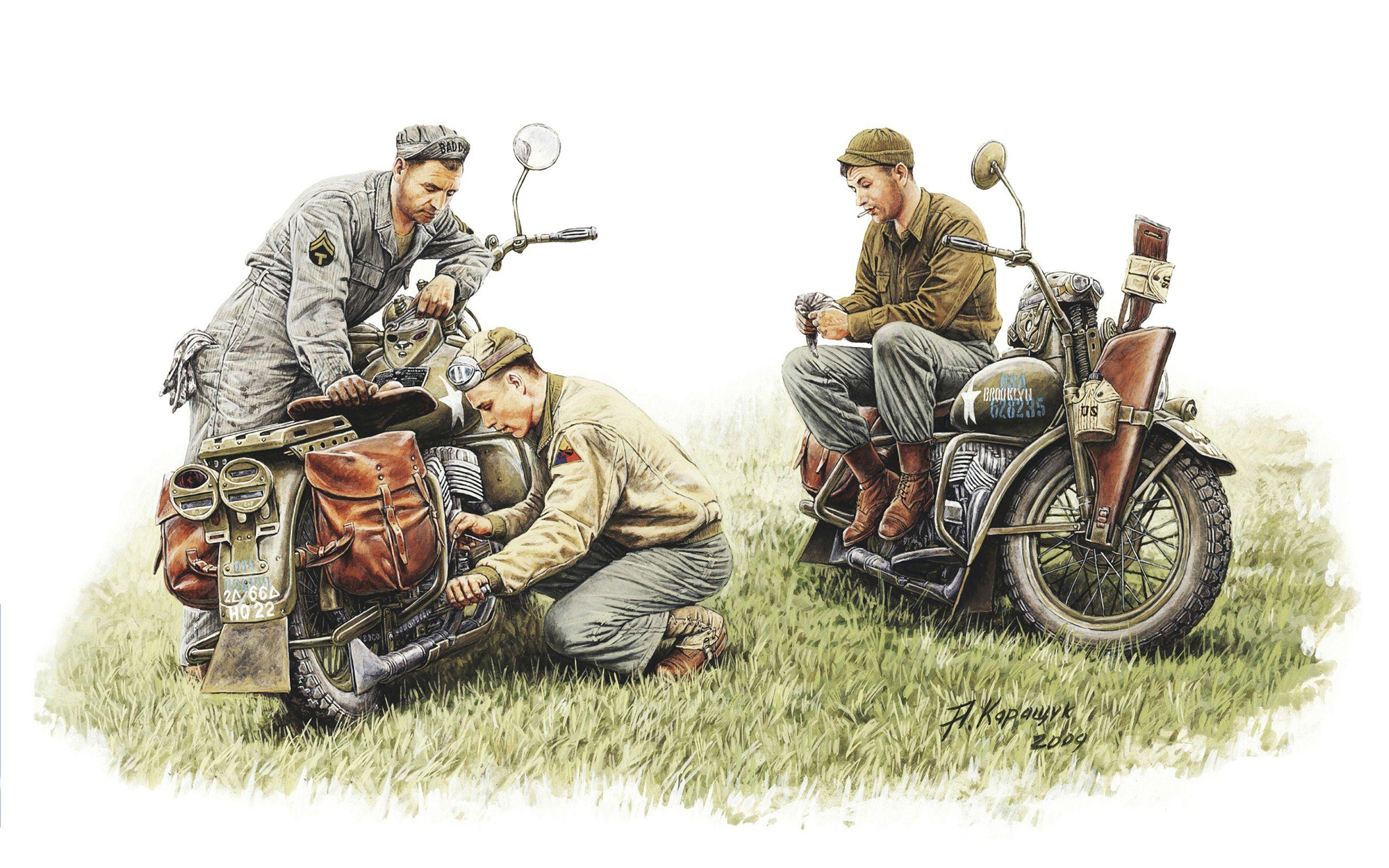 2560x1600 Photos Soldiers US Repair Crew Harley Davidson WLA 1942 2560x1600